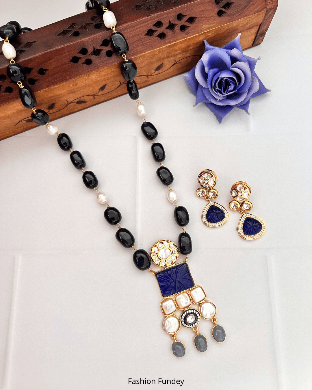 Youth Dark Blue Silk Thread Necklace with Grand Pendant and Earrings